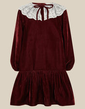 Monsoon x Queens of Archive Lace Collar Velvet Party Dress​, Red (BURGUNDY), large