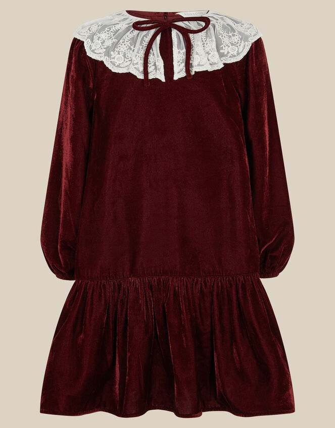 Monsoon x Queens of Archive Lace Collar Velvet Party Dress​, Red (BURGUNDY), large