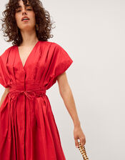 Riviera Pleated Tie Waist Midi Dress, Red (RED), large