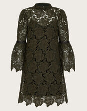 Eliza Long Sleeve Lace Mini Dress, Green (KHAKI), large