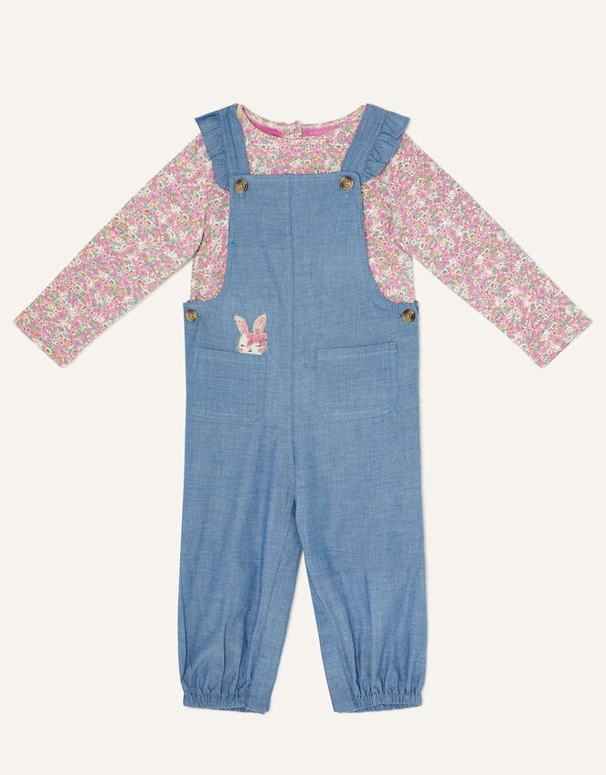 Baby Denim Dungaree and Floral Top Set, Blue (BLUE), large