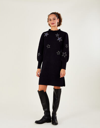 Velvet Star Knitted Dress with Recycled Polyester, Blue (NAVY), large