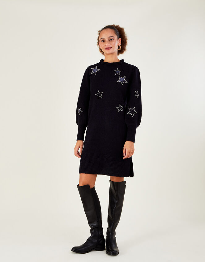 Velvet Star Knitted Dress with Recycled Polyester, Blue (NAVY), large