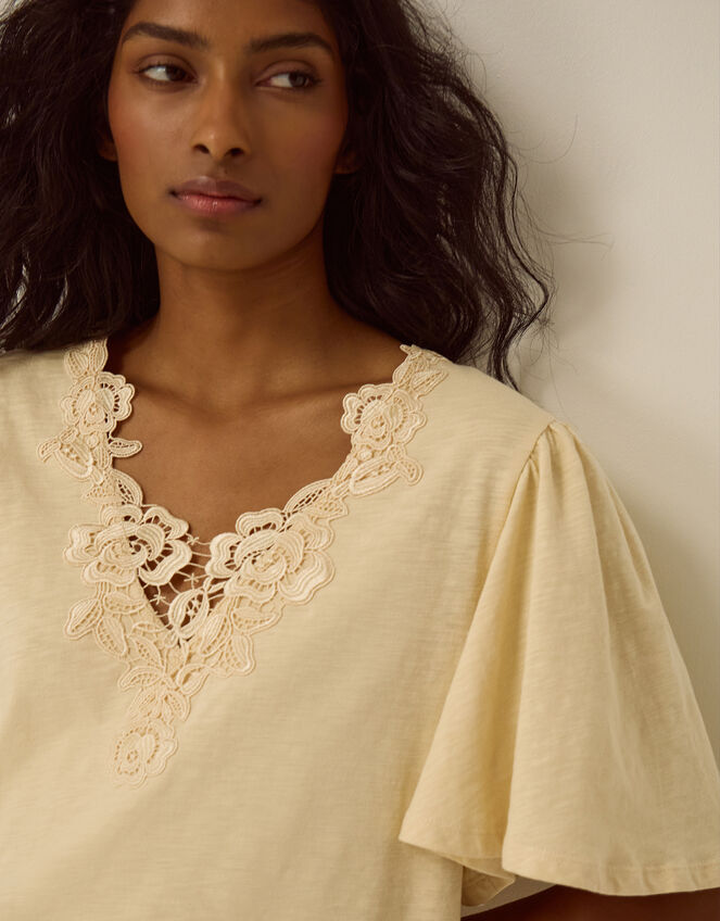 Layla V-Neck Lace Jersey Top, Yellow (BUTTER YELLOW), large