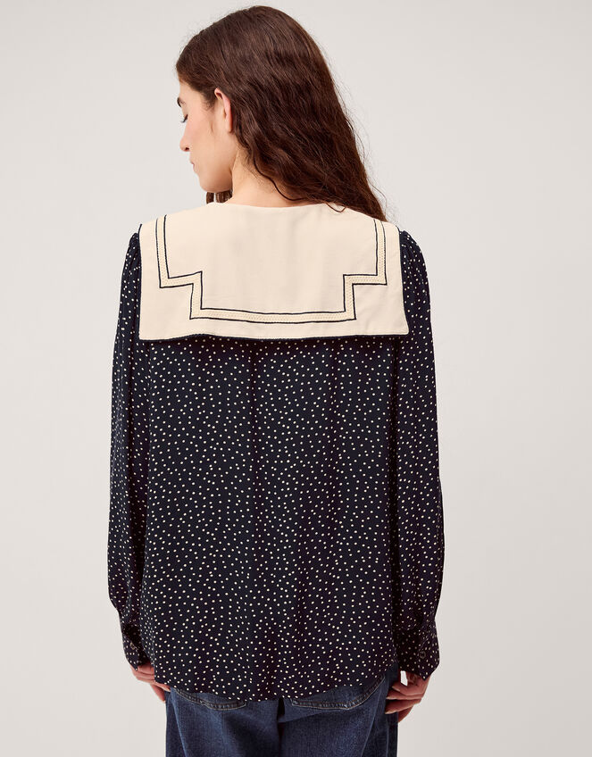 Ivy Embroidered Collar Polka Dot Blouse Blue