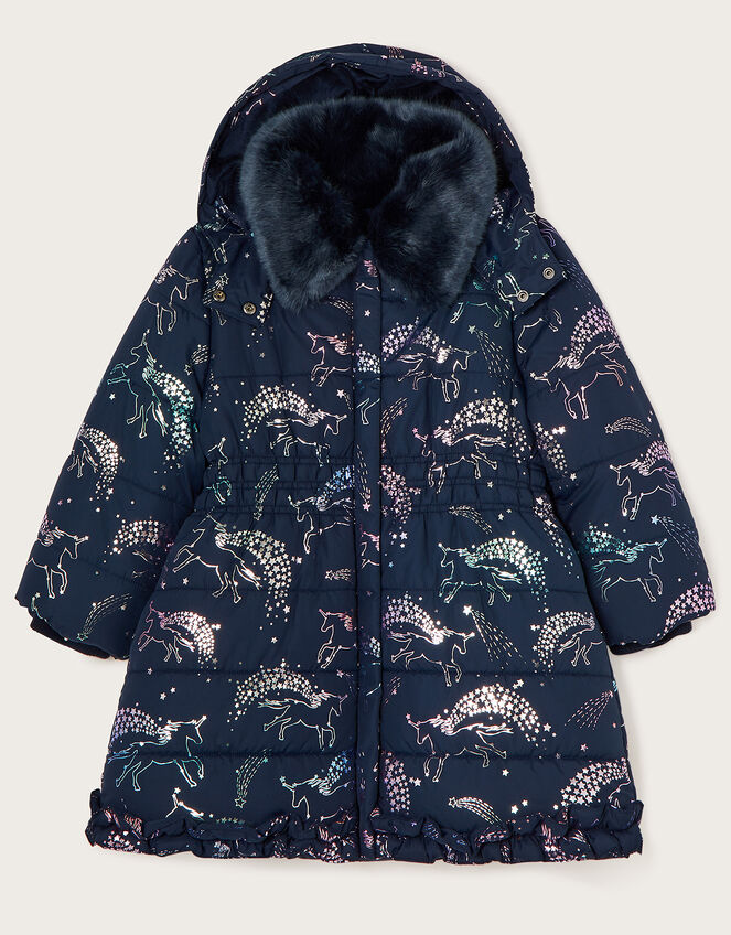 Foil Unicorn Padded Coat with Faux Fur Collar, Multi (MULTI), large