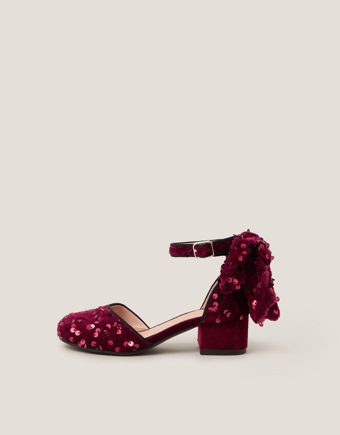 Sequin Velvet Bow Heels, Red (BURGUNDY), large