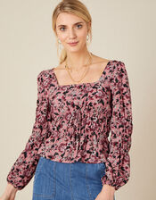 Sophie Floral Shirred Top, Red (RED), large