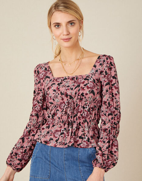 Sophie Floral Shirred Top Red, Red (RED), large