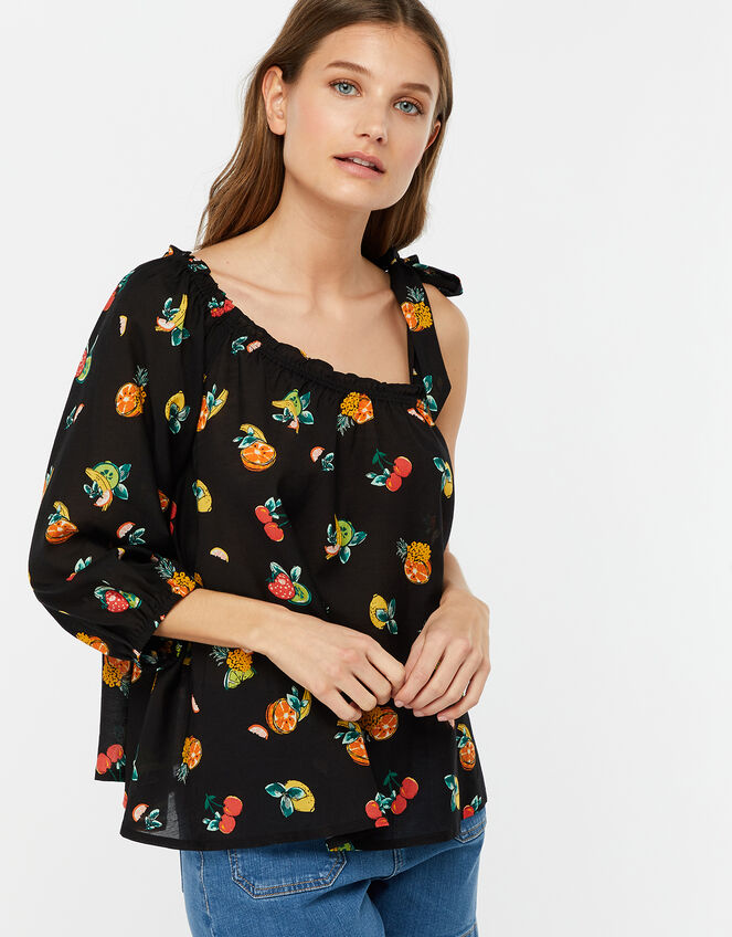 Laticia Fruit Print One-Shoulder Top, Black (BLACK), large