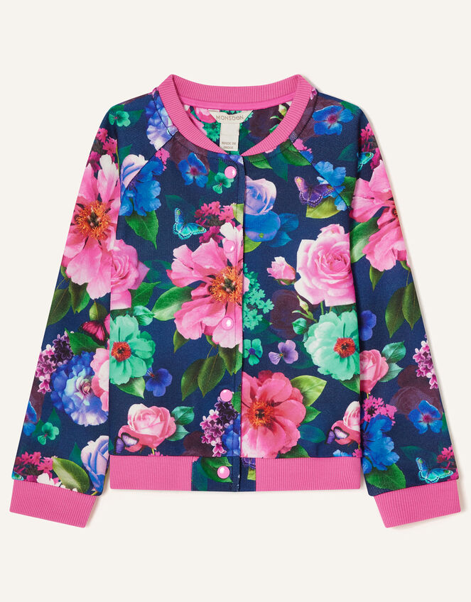 Rose Print Bomber Jacket, Blue (NAVY), large