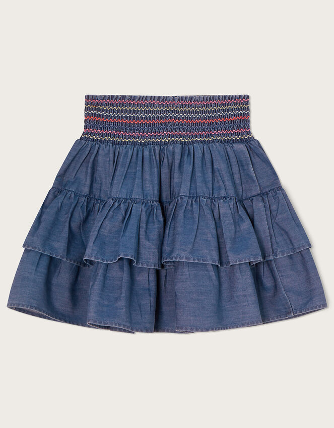 Stitch Detailing Tiered Chambray Skirt Blue