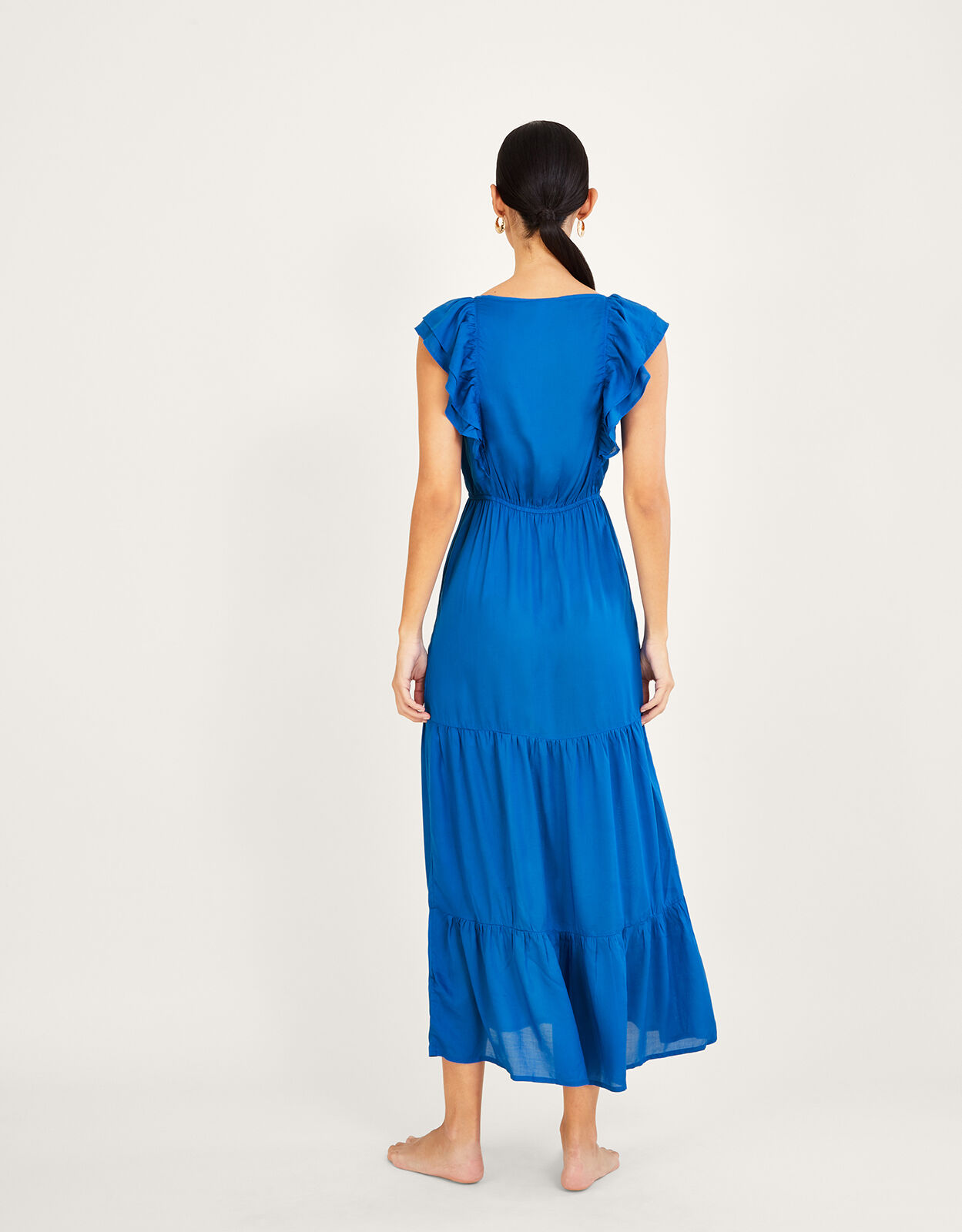 Frill Collar Plain Midi Dress in LENZING ECOVERO Blue