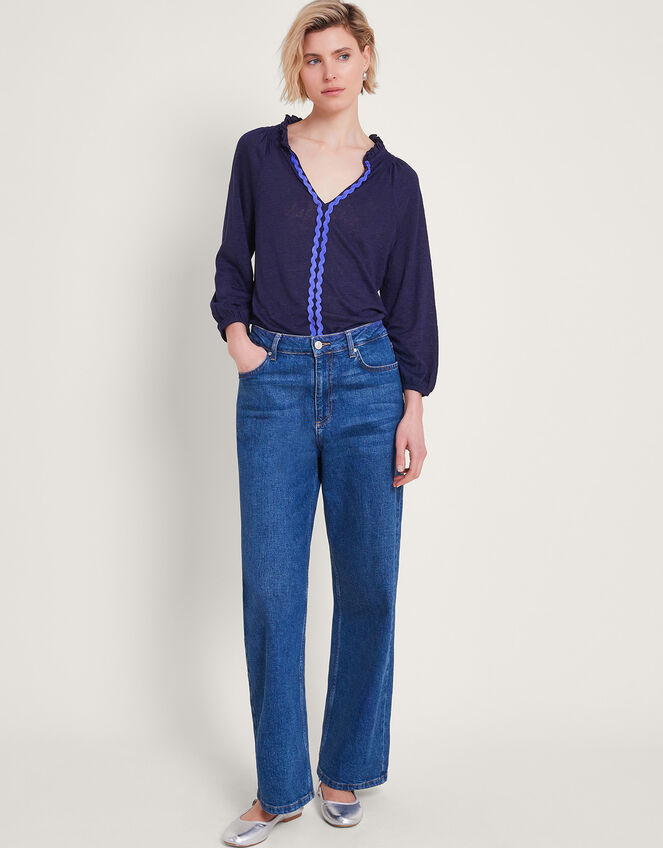 Lola Embroidered Linen Top, Blue (NAVY), large