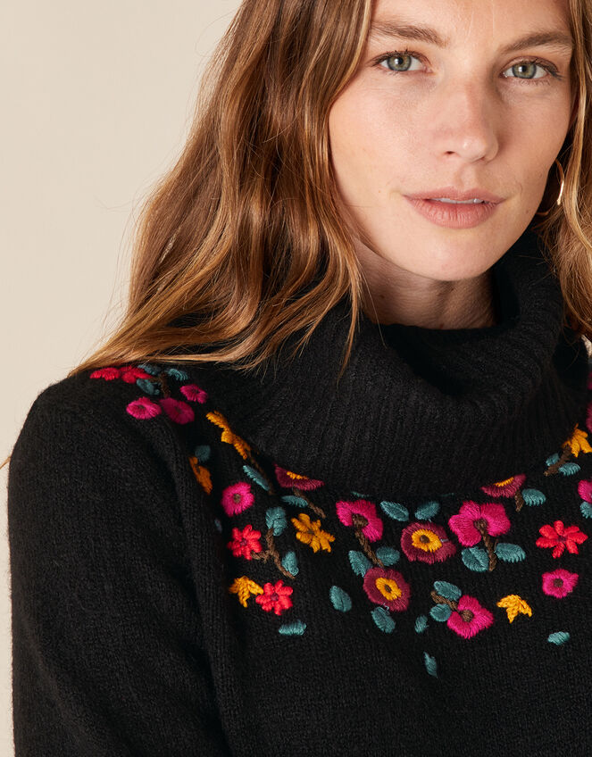 Floral Embroidered Yoke Knit Jumper, Black (BLACK), large