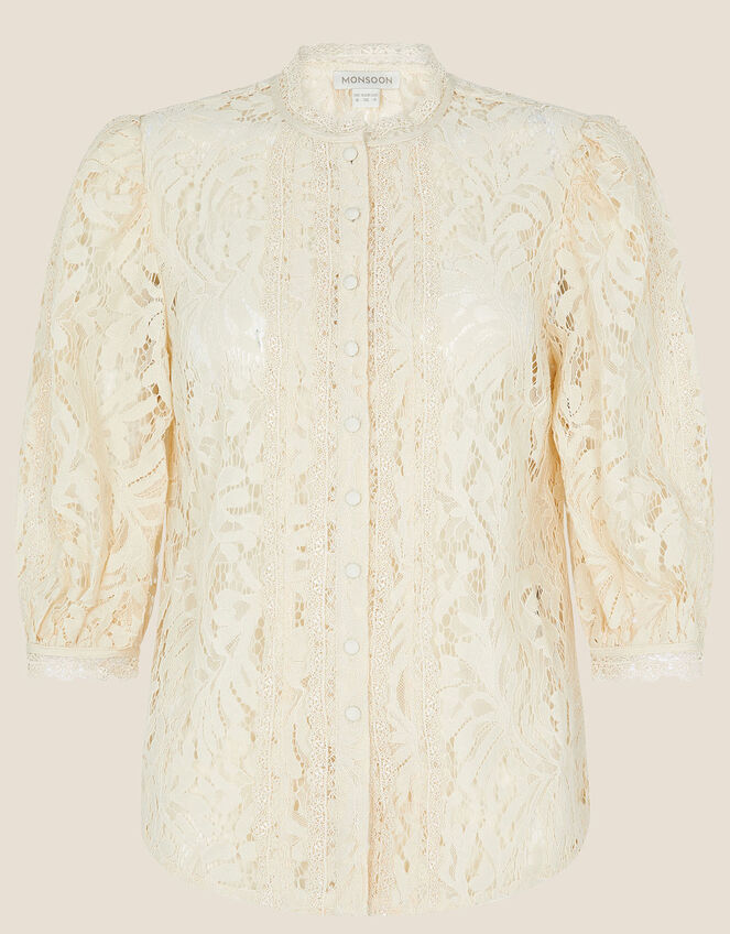 Blair Button Lace Crop-Sleeve Blouse Cream