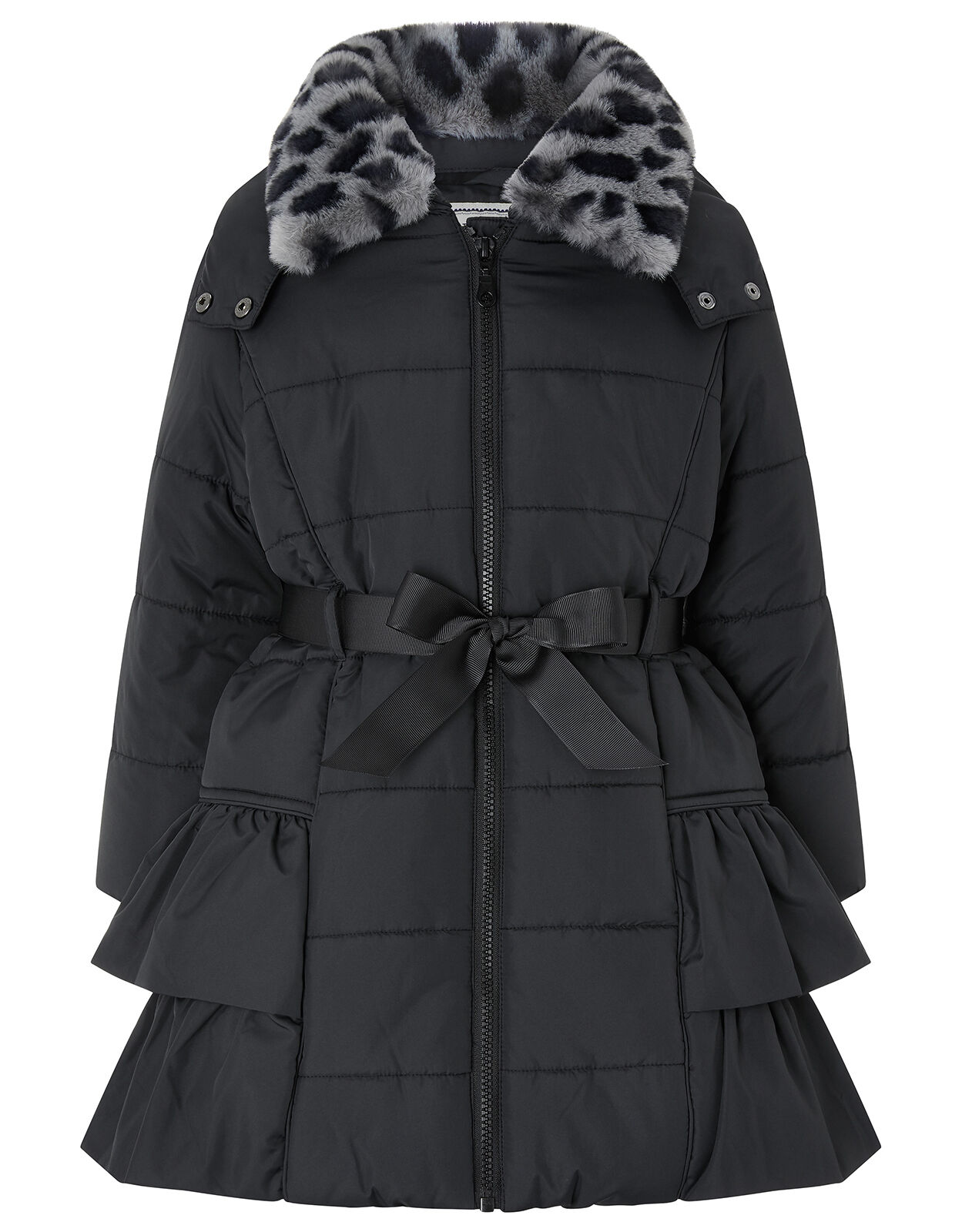 Black Frill Padded Coat with Detachable Faux Fur Collar Black Girls Coats Jackets Monsoon UK