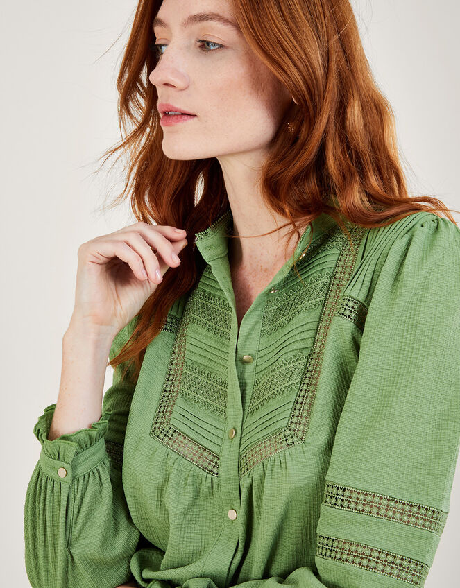 Lace Insert Button Through Jersey Shirt, Green (GREEN), large