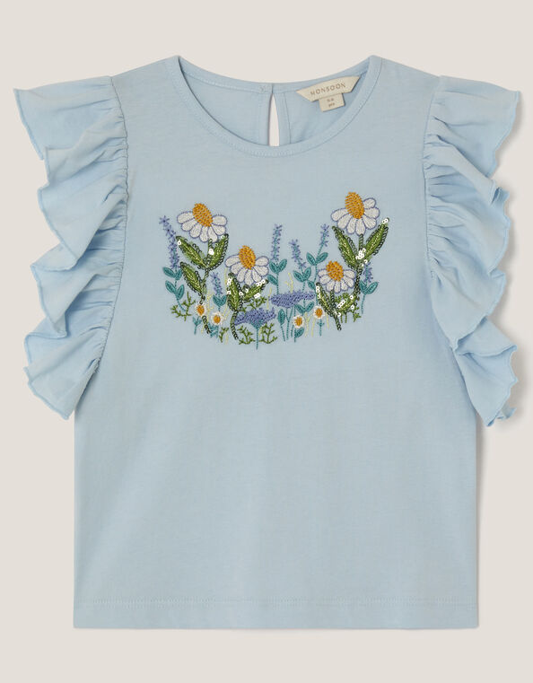 Floral Embroidered Frill T-Shirt, Blue (BLUE), large