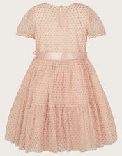 Spot Glitter Short Sleeve Belted Dress, Nude (NUDE), large