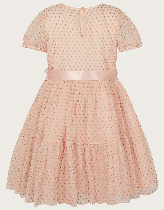Spot Glitter Short Sleeve Belted Dress, Nude (NUDE), large