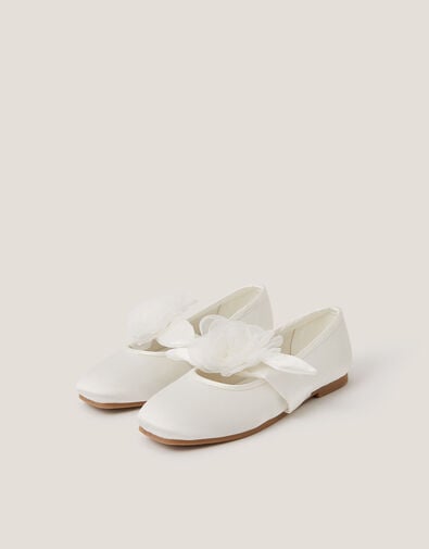 Flower Strap Satin Ballet Flats, Ivory (IVORY), large