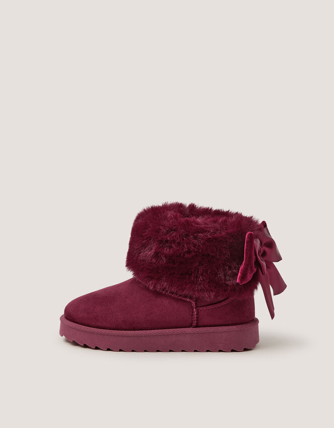 Velvet Bow Fluffy Ankle Boots, Red (BURGUNDY), large