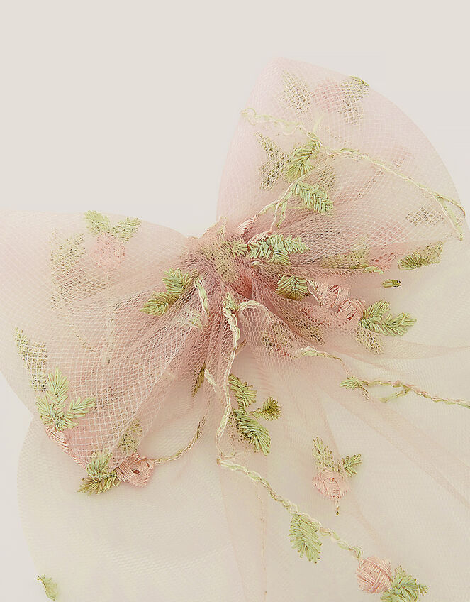 Floral Embroidered Mesh Bow Hair Clip, , large