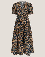 Bryony Leaf Print Midi Dress, Black (BLACK), large