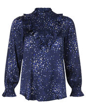 Star Print Satin Blouse, Blue (NAVY), large