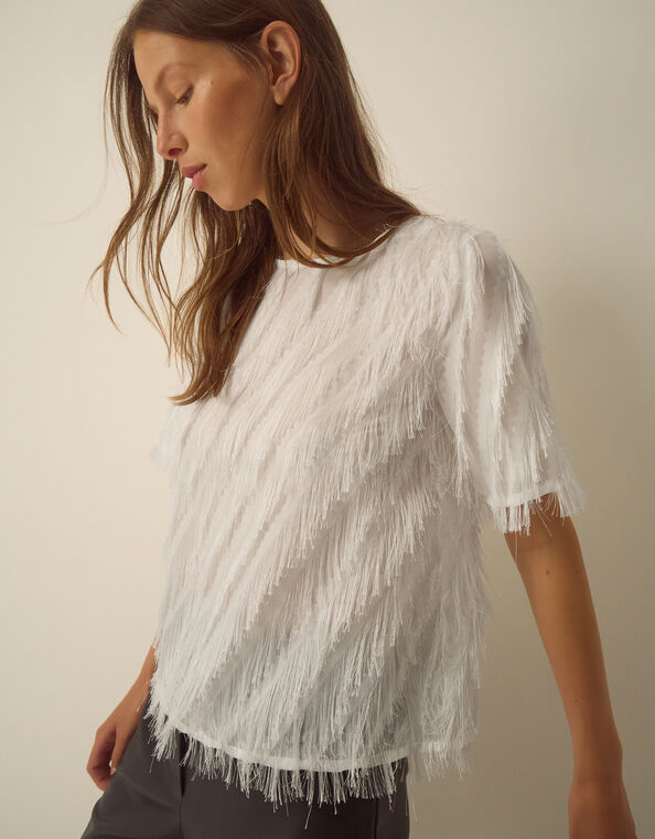 Fadia Short Sleeve Fringe Top, Ivory (IVORY), large
