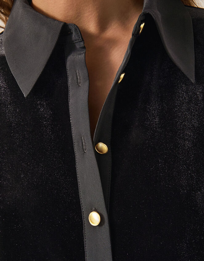 Clay Collar Stretch Velvet Blouse, Black (BLACK), large