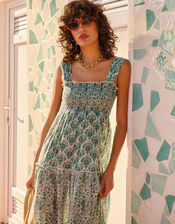 Petite Mendigote Ron Floral Tiered Midi Dress, Green (GREEN), large