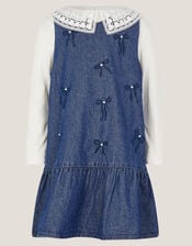 Collar Top & Chambray Bow Dress Set, Blue (BLUE), large