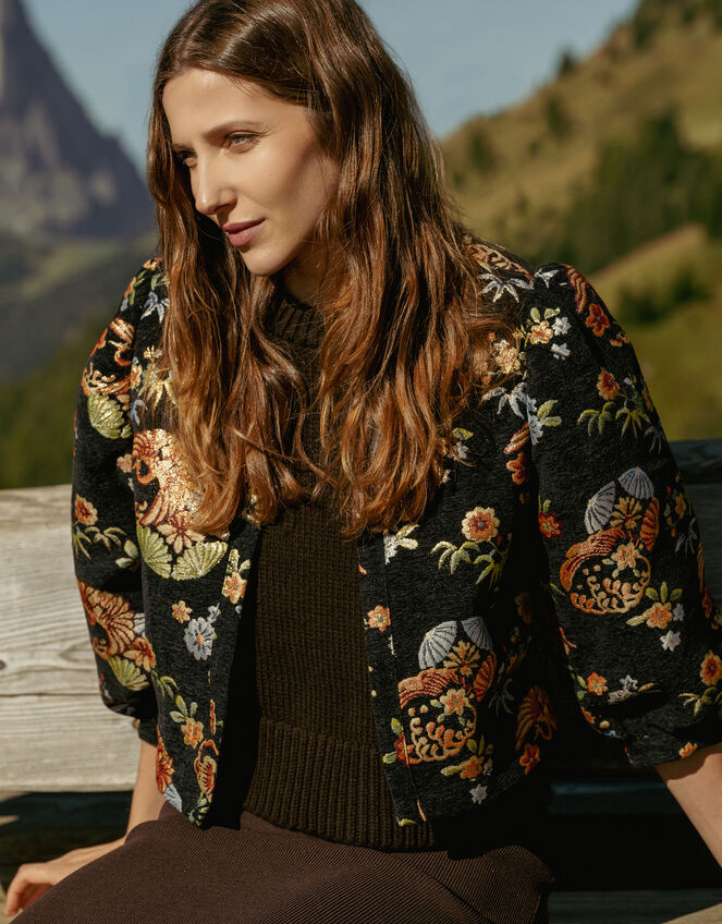 Traffic People Floral Puff Sleeve Jacket, Black (BLACK), large