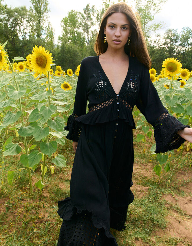 Piti Cuiti Frilly Cutwork Maxi Dress, Black (BLACK), large