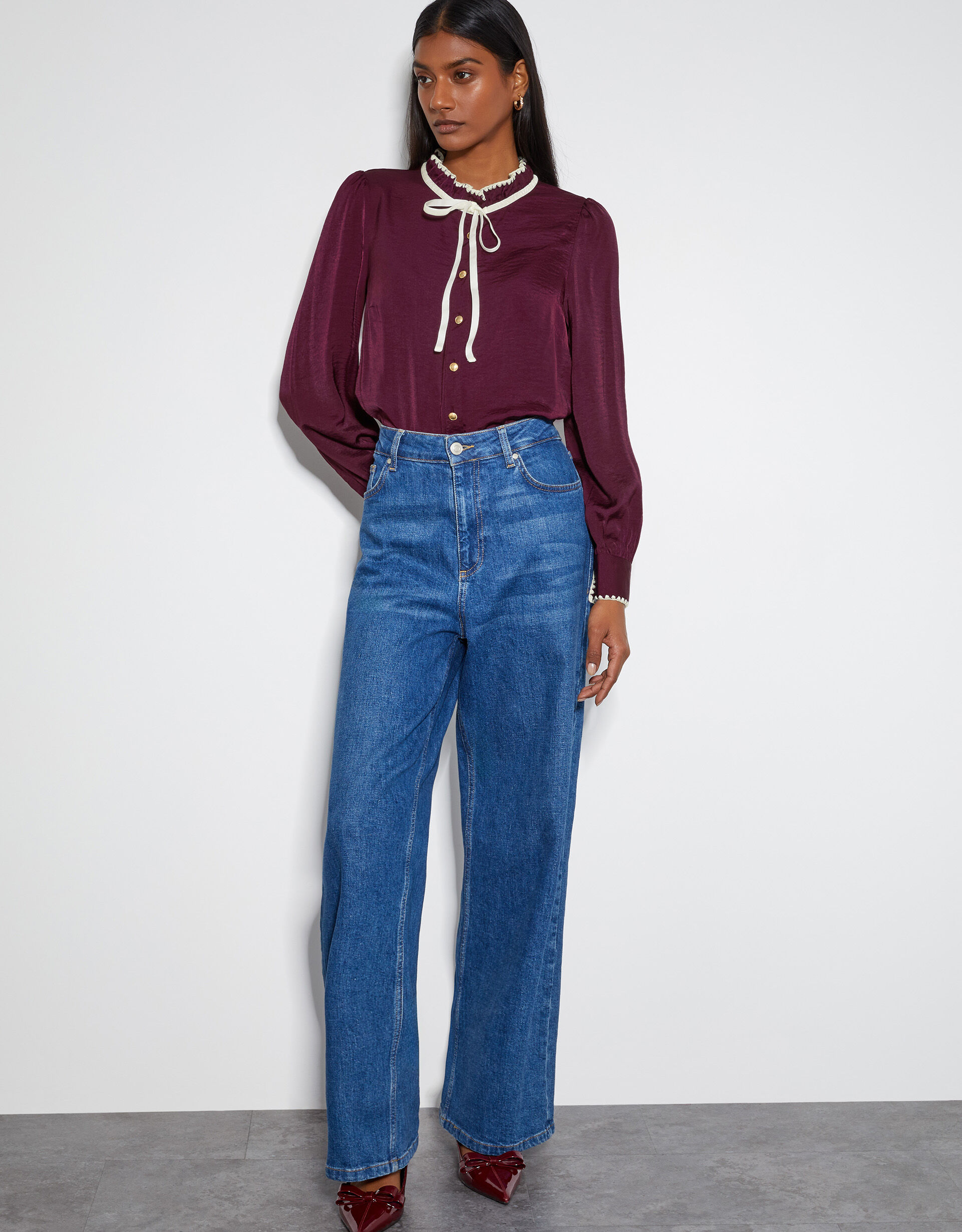 Thea Satin Bow Collar Blouse Red