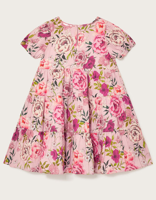 Rose Print Short Sleeve Tiered Dress, Pink (PINK), large