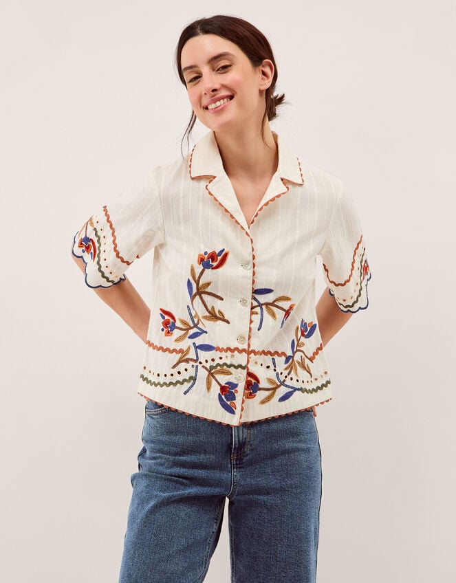 Polly Floral Embroidered Shirt, White (WHITE), large