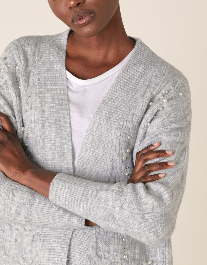 Embellished Cable Knit Cardigan, Grey (GREY MARL), large