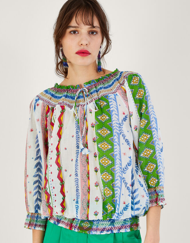 Tie Neckline Bubble Hem Print Top, White (WHITE), large