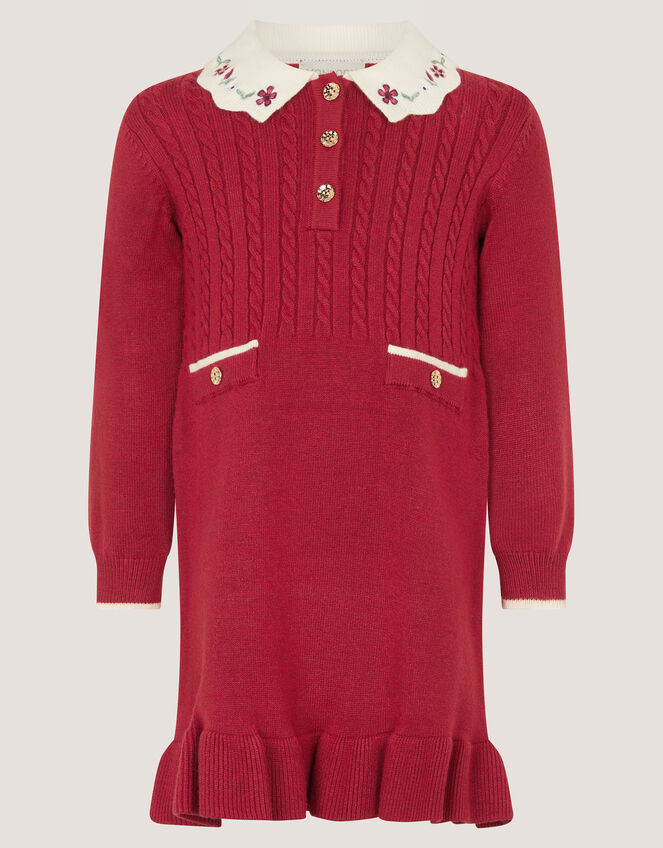 Baby Embroidered Cable Knit Dress, Red (BURGUNDY), large