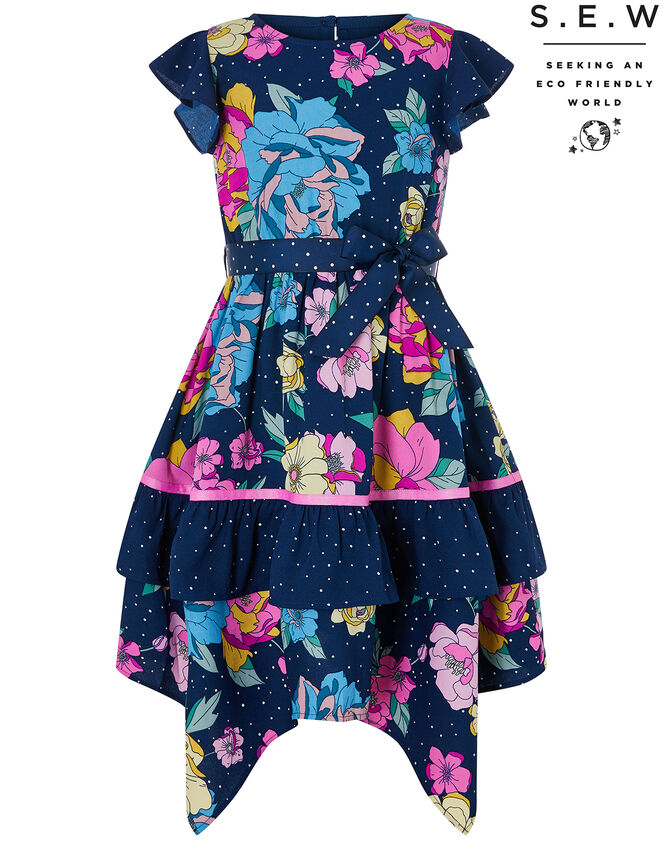 Brea Floral Spot Hanky Hem Dress in Recyled Fabrics, Blue (NAVY), large