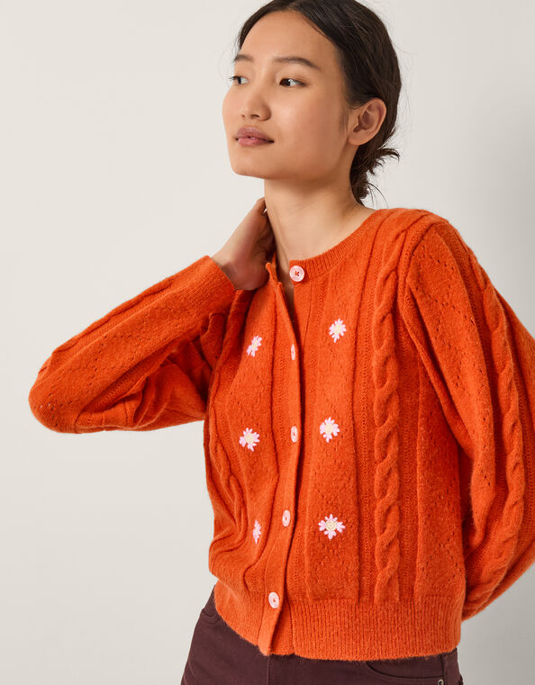 Enya Floral Cable Knit Cardigan, Orange (ORANGE), large