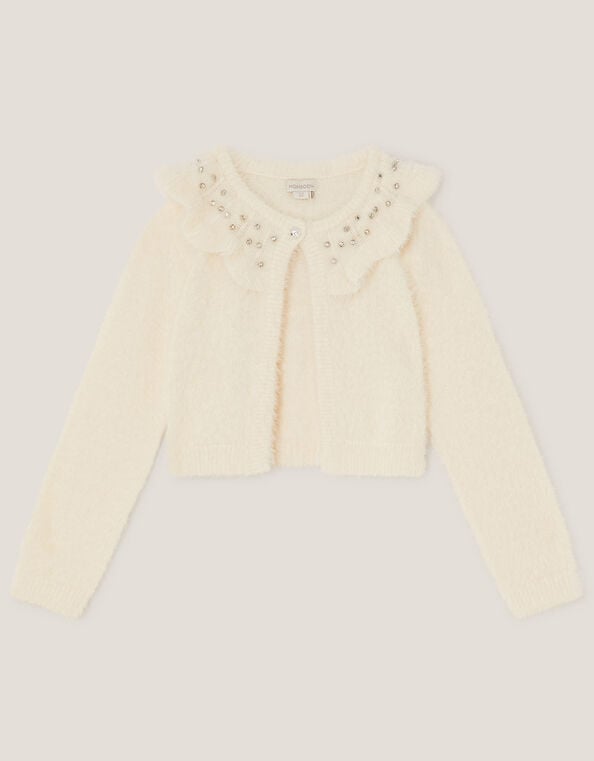 Embellished Collar Fuzzy Cardigan, Ivory (IVORY), large