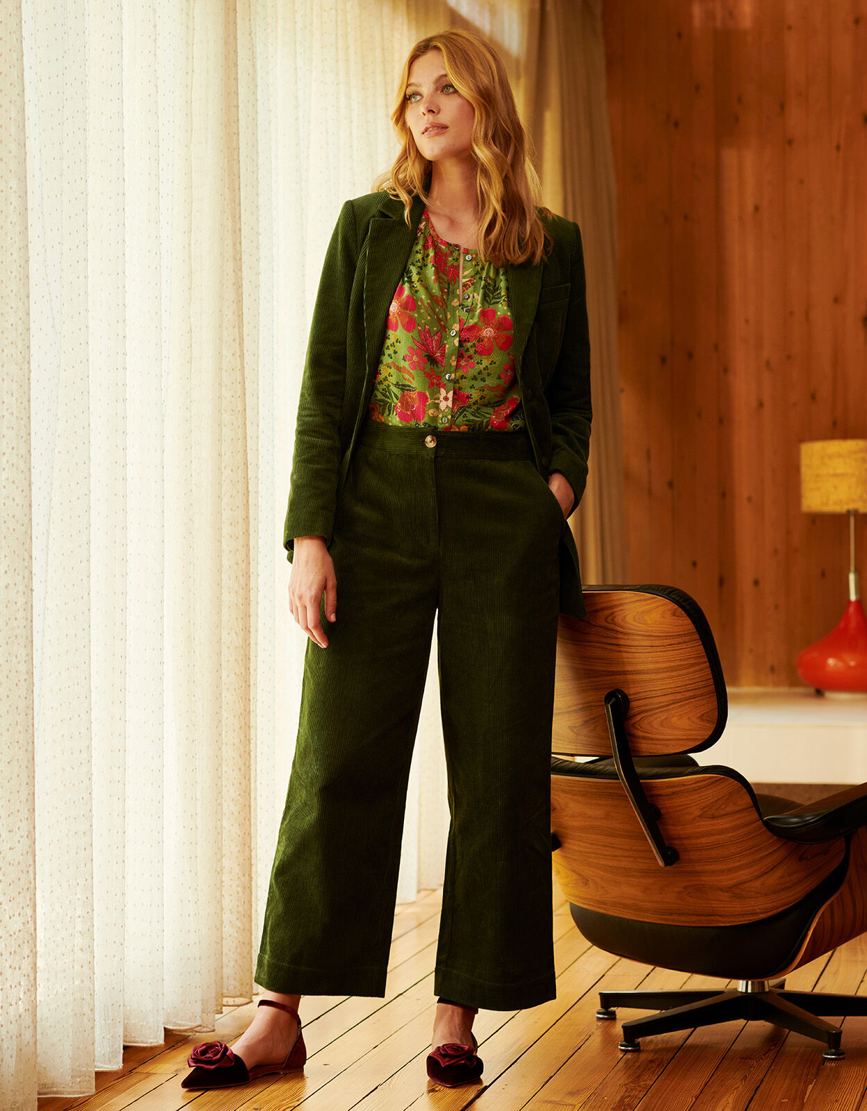 Cord Wide Leg Suit Trousers Green