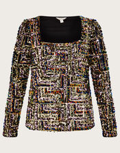 Fiona Sequin Square Neck Top, Black (BLACK), large