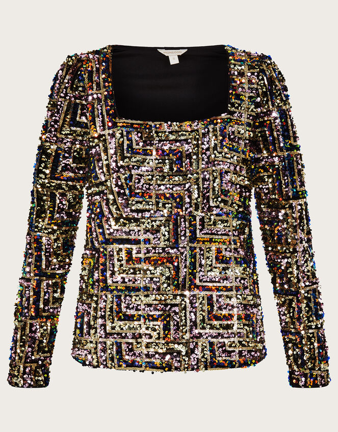 Fiona Sequin Square Neck Top, Black (BLACK), large