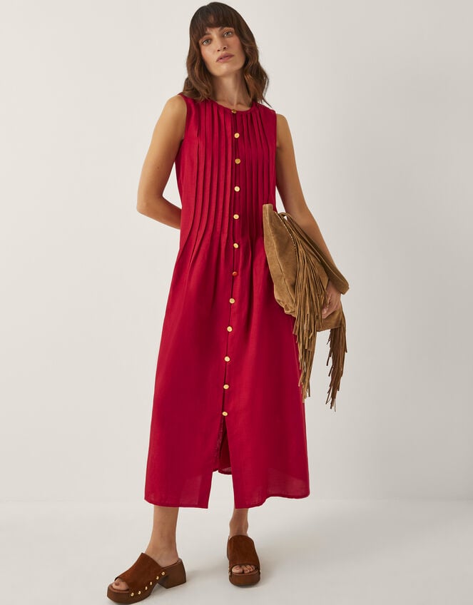 Monica Sleeveless Pleated Midi Dress, Red (RED), large