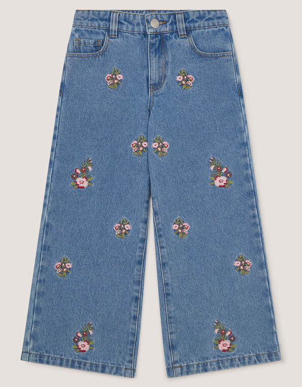 Floral Embroidered Wide Leg Jeans, Blue (BLUE), large